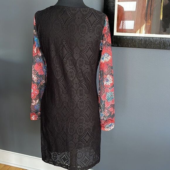 Desigual Pichi lined black lace body, mesh floral print long sleeve fitted midi - Picture 8 of 9